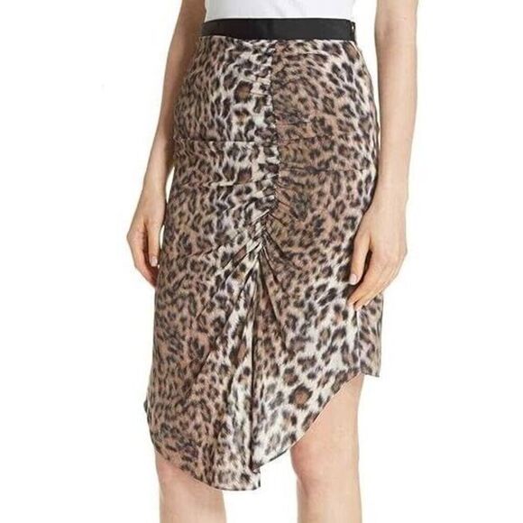 Joie Ornica Silk Skirt 0 Tan Brown Leopard Print Asymmetrical Hem Draped Ruched - Picture 1 of 12